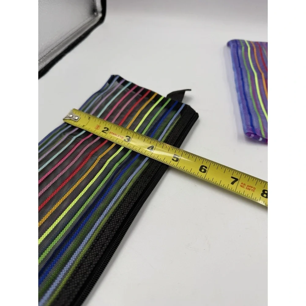 Lot Of 2 Mesh Multi-Color  Striped Pencil Case, Makeup Bags NEW No Tags 9